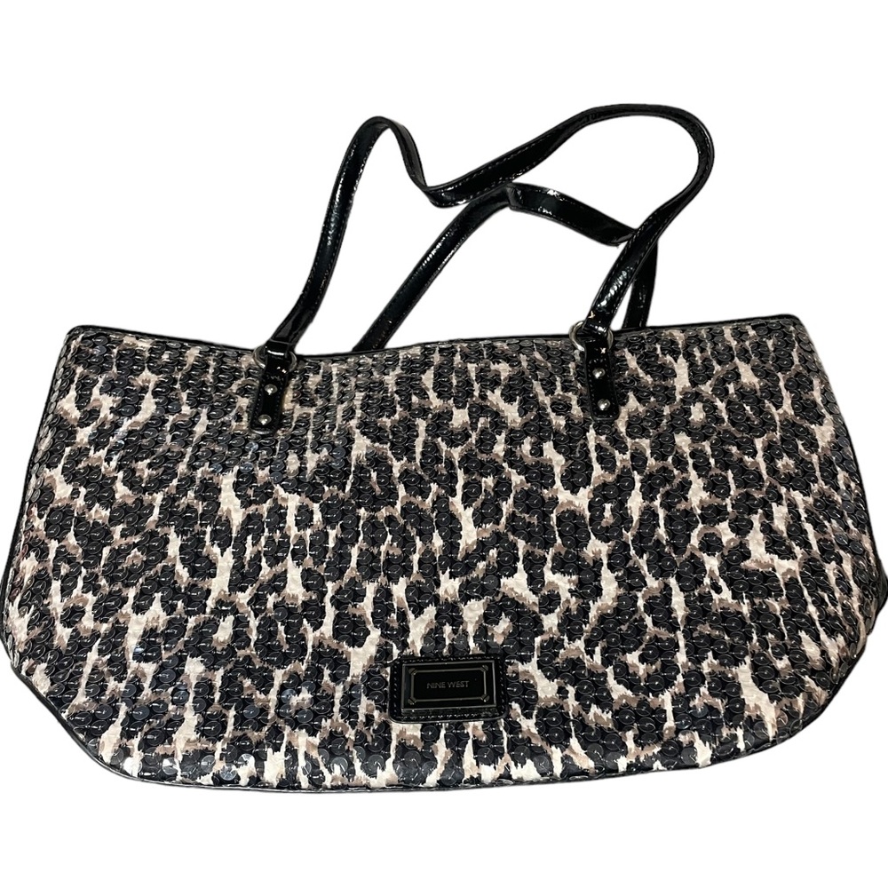 Nine West Leopard Sequin Tote Bag with Patent Trim Pink Interior